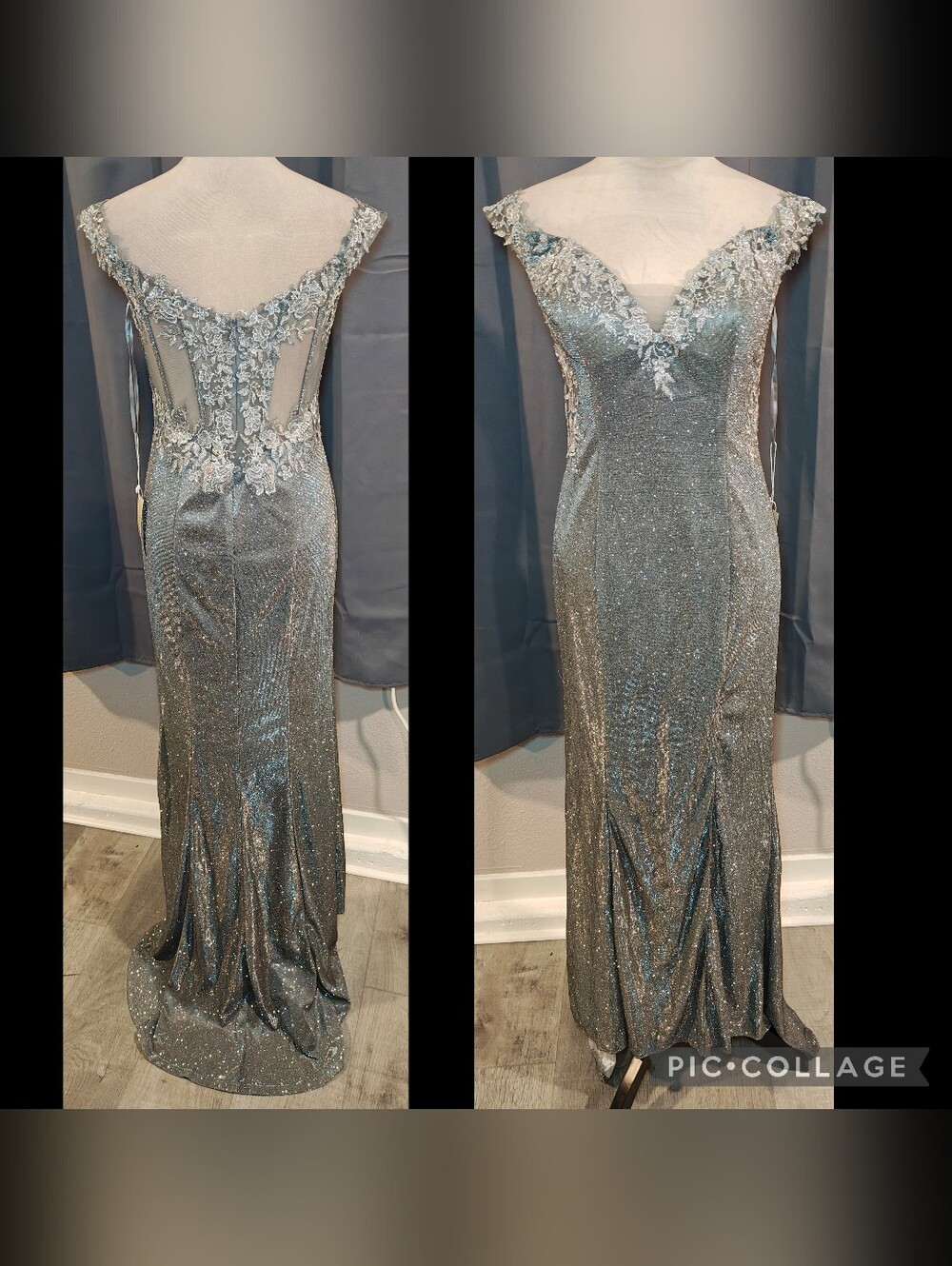 New JUNO Couture Metallic Silver-Blue Glitter Gown w Mermaid Flare Hem.